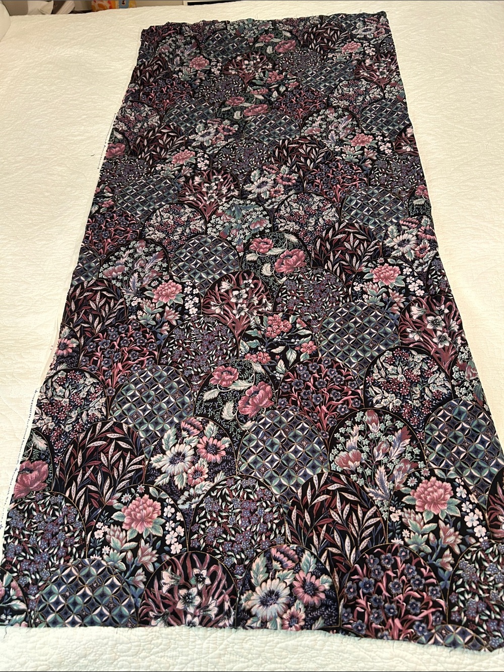 Floral Print fabric in purple, Mauve, blue and black